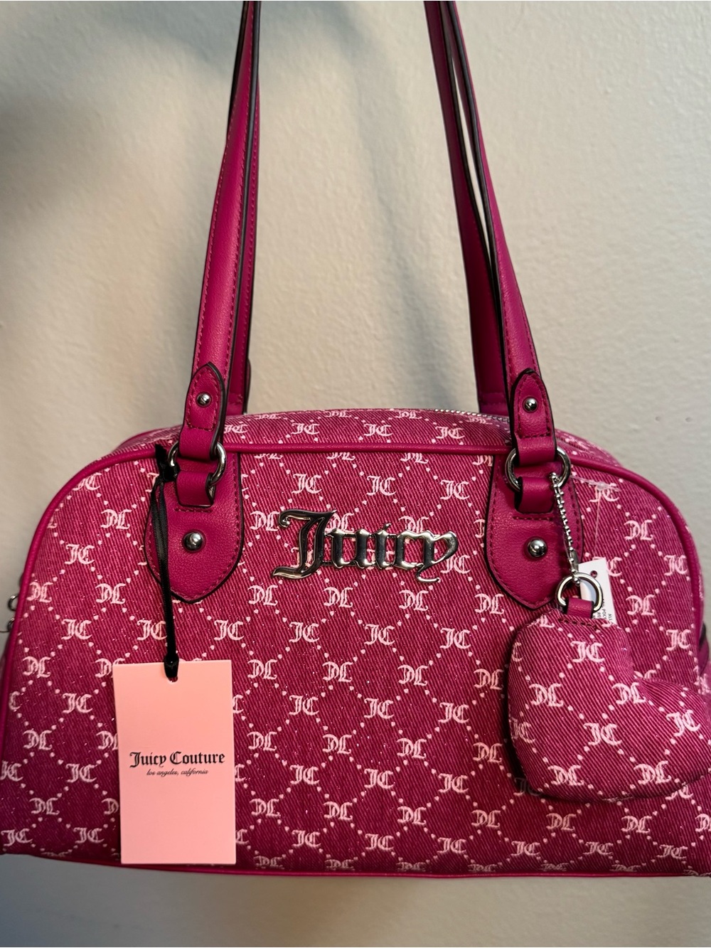 Juicy Couture Hot Pink Denim Logo Dome Shoulder Bag with Charm